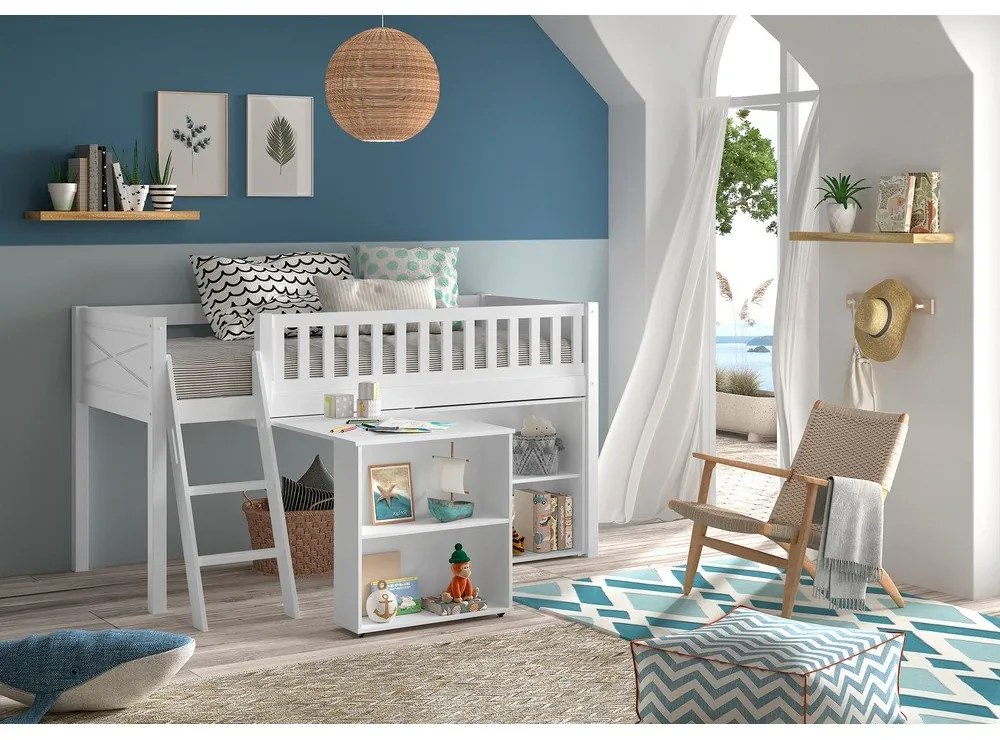 Biela vyvýšená detská posteľ z borovicového dreva s úložným priestorom 90x200 cm SCOTT – Vipack