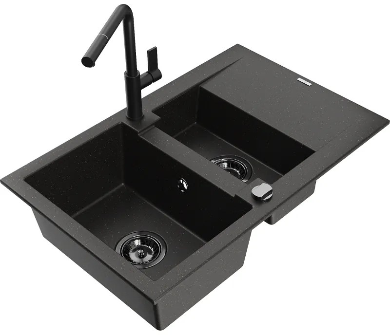 Mexen Gaspar, 1,5-komorový granitový drez 737x475x177 mm a drezová batéria Flora, čierna-zlatá metalíza, 6507-75-670401-70-B