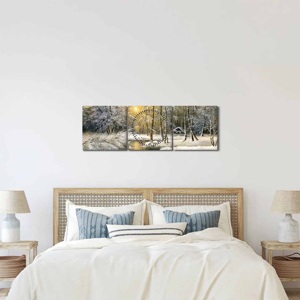 Obraz - Chalúpka v lese, olejomaľba (s hodinami) (90x30 cm)