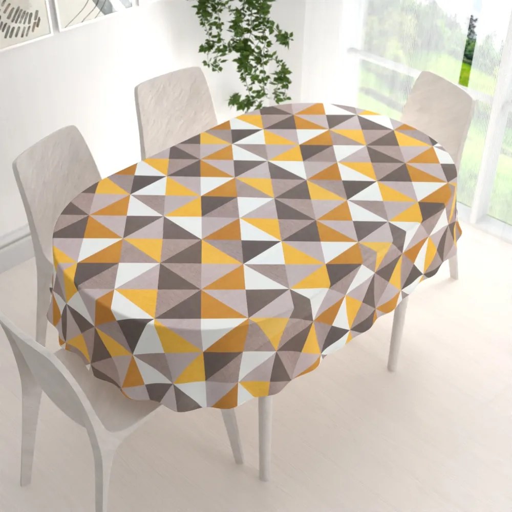 Biante Zamatový oválny obrus Tamara TMR-020 Žlto-sivobéžové trojuholníky 100x140 cm