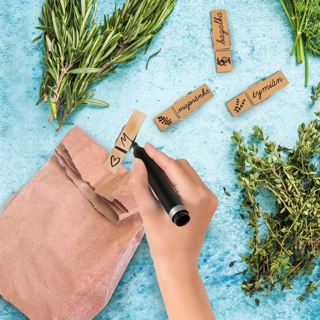 Štipce drevené 7 cm na korenie s popisom, sada 12 ks (názvy v češtine)