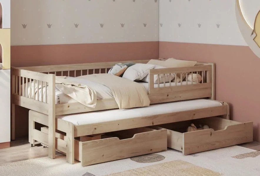 Detská posteľ z masívu borovice ORION s prístelkou a šuplíky - 200x90 cm - prírodná