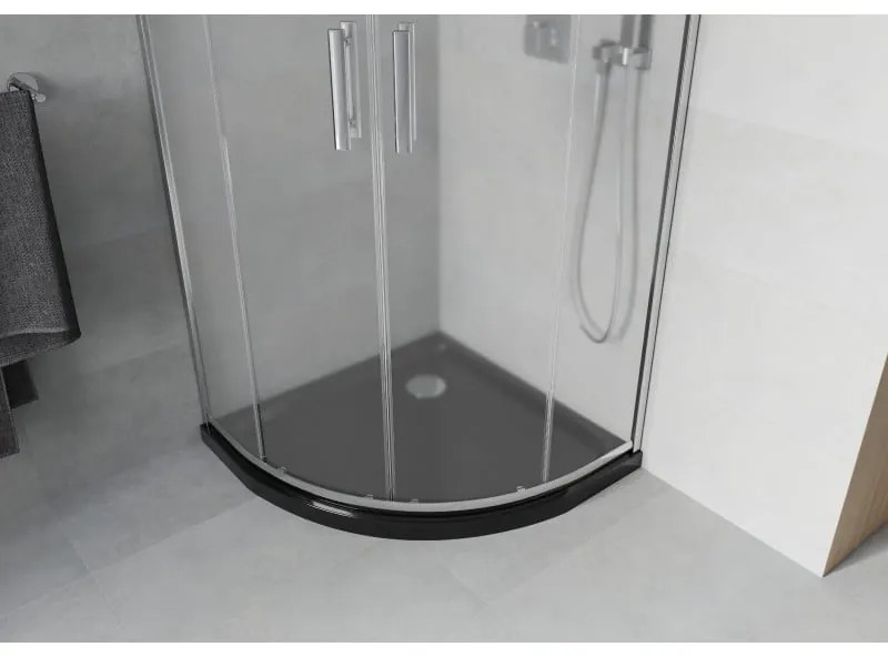 Mexen Rio, štvrťkruhový sprchovací kút s posuvnými dverami 90 x 90 cm, 6mm sklo námraza, chrómový profil + čierna sprchová vanička, 863-090-090-01-30-4170