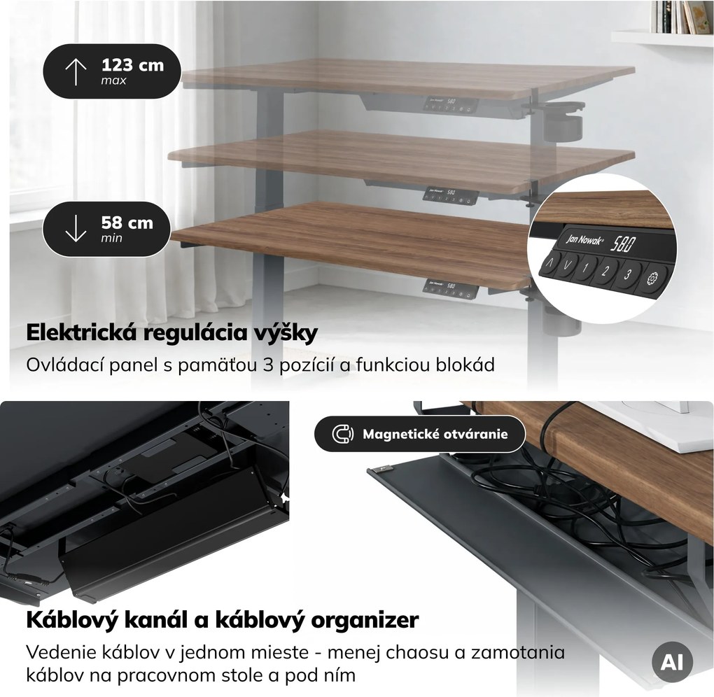 Elektrický stôl s reguláciou výšky ergonomický antracitový/orech,1200x600 mm: ARIA