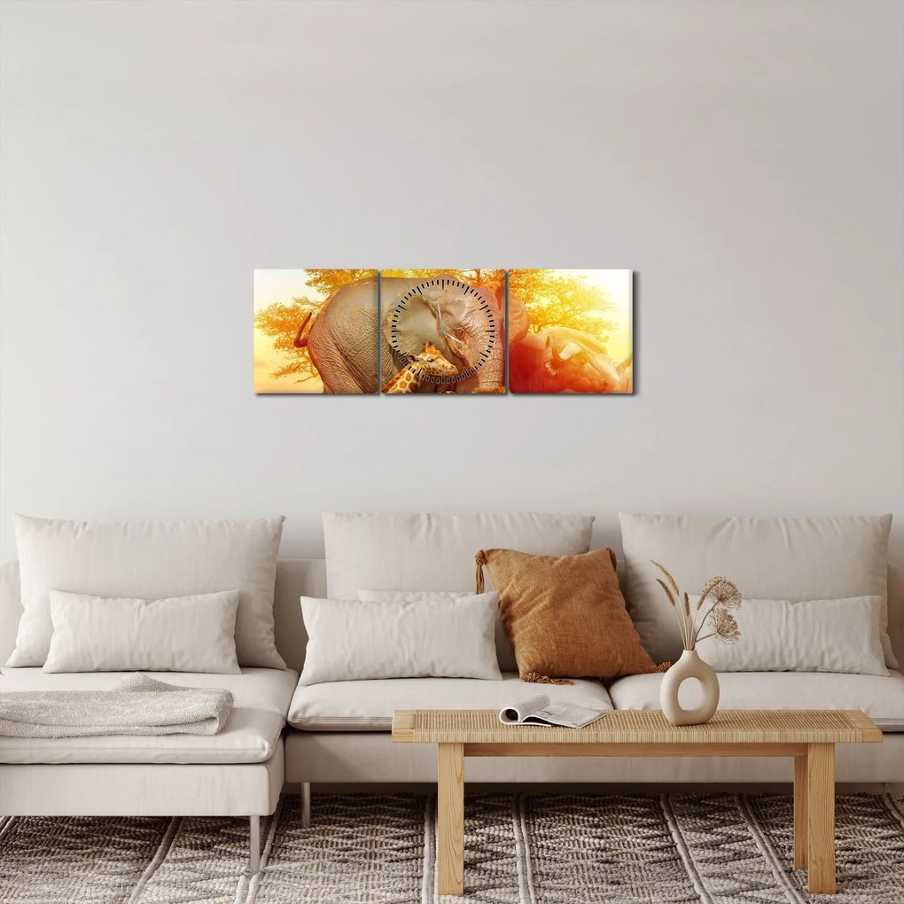 Obraz afrických zvieratiek (s hodinami) (90x30 cm)