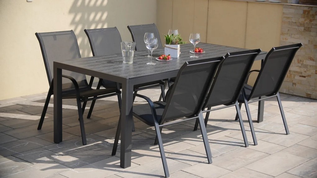 TEXIM Záhradná jedálenská zostava - stôl VIKING XL + 6x stolička RAMADA, hliník + umelé drevo / oceľ + textil