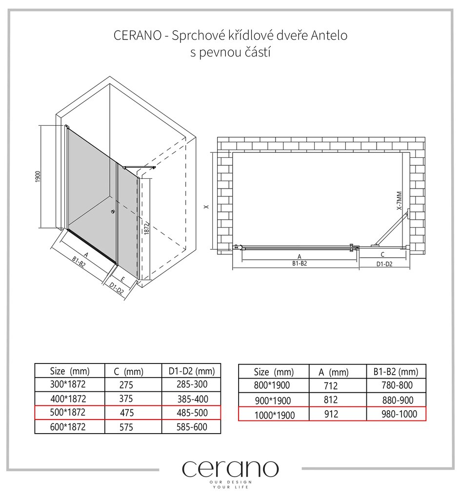 Cerano Antelo, 1-krídlové sprchové dvere s pevnou časťou 100(dvere) x 50(stena) x 190 cm, 6mm číre sklo, chrómový profil, CER-CER-435884