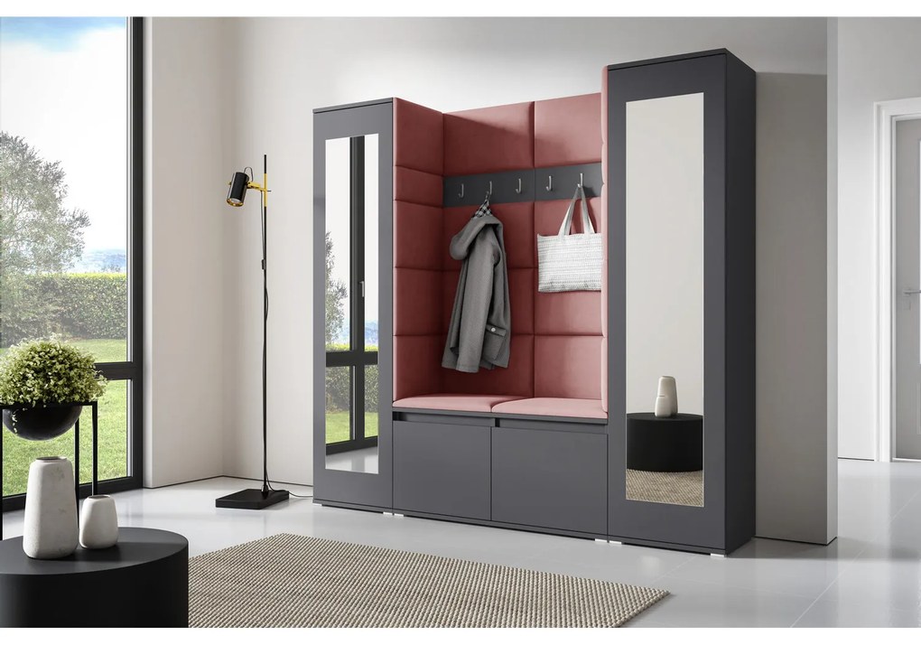 Predsieňová stena AMI 31 So zrkadlom Grafit Tmavo ružová