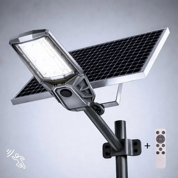 LED stmievateľná pouličná lampa so senzorom a solárnym panelom KOBRA 400 W / 24 000 mAh IP65 antracit + diaľkové ovládanie