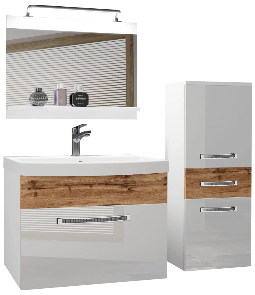 Kúpeľňový nábytok Belini Premium Full Version biely lesk / dub wotan + umývadlo + zrkadlo + LED osvetlenie Glamour 36 36 GLA PM 2/0/W/WDW/0/MB/PP
