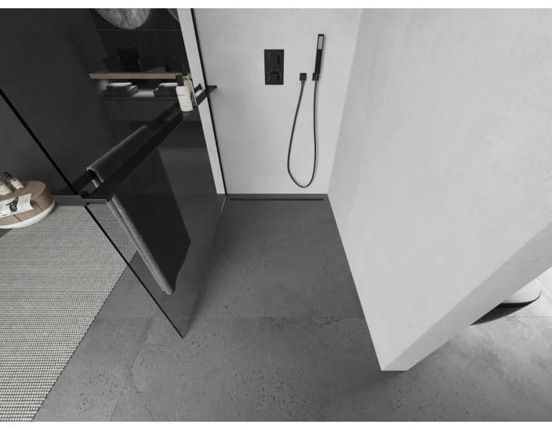 Mexen Kioto+ L, sprchová zástena Walk-In s poličkou a vešiakom 75 x 200 cm, 8mm číre sklo, čierny profil, 800-075-123-70-00