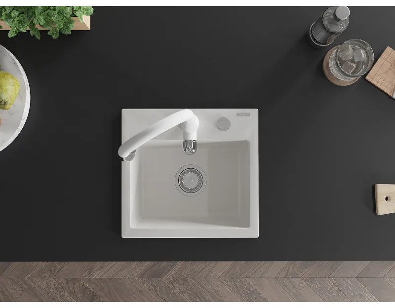 Mexen Milo, 1-komorový granitový drez 435x410x171 mm a drezová batéria Savita, biela, 6505-20-672601-20