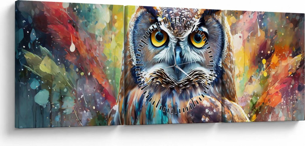 Obraz - Maľba sovy (s hodinami) (90x30 cm)