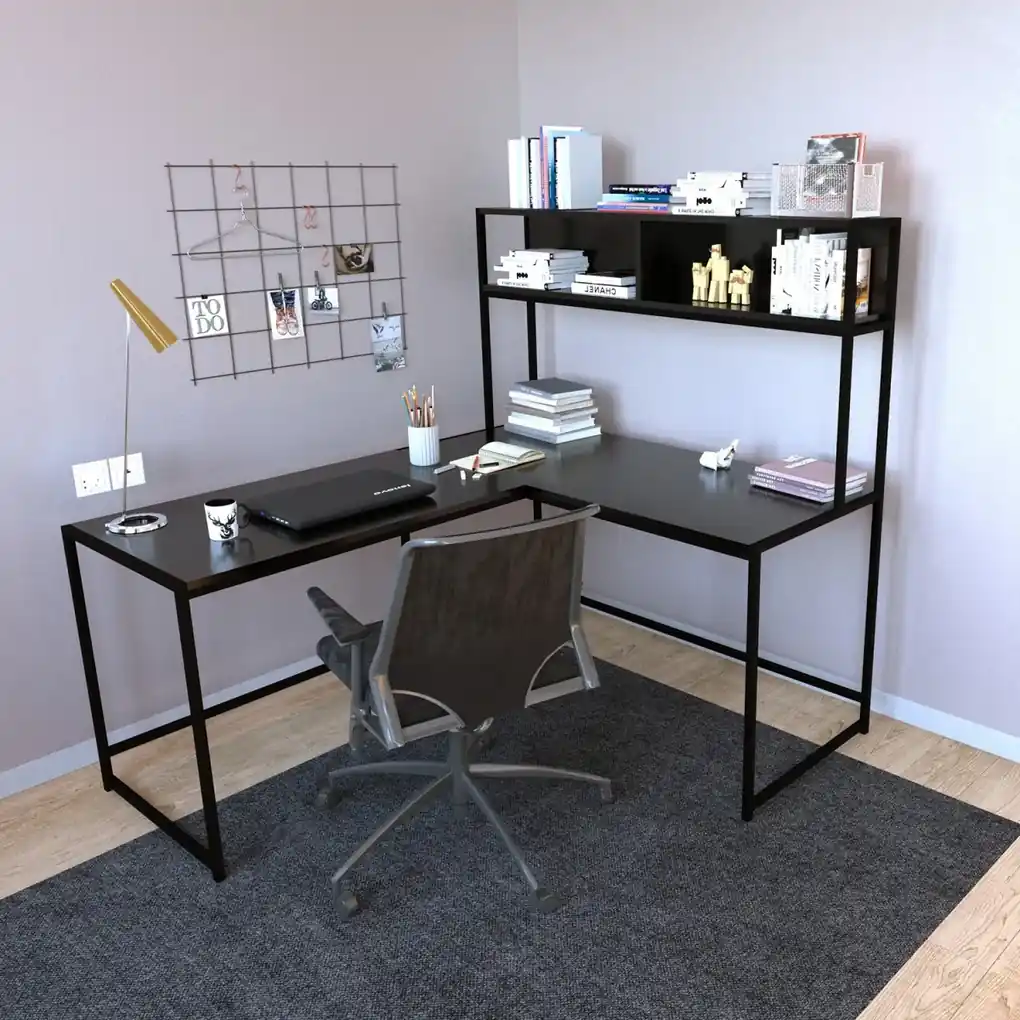 Rohový písací stôl s nástennou policou Kucuk čierny | BIANO