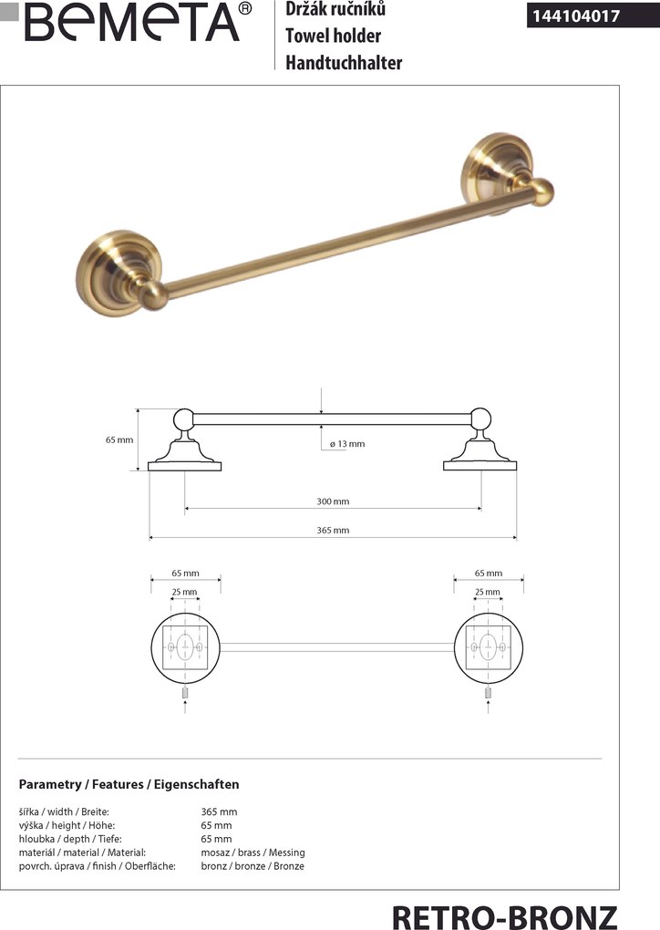 Bemeta Design RETRO bronz: Držiak uterákov, 300 mm - 144104017