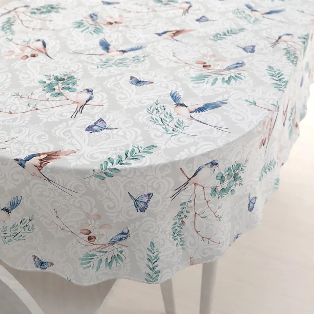 Biante Bavlnený oválny obrus Sandra SA-471 Lastovičky s motýlikmi na svetlo sivom ornamente 140x180 cm