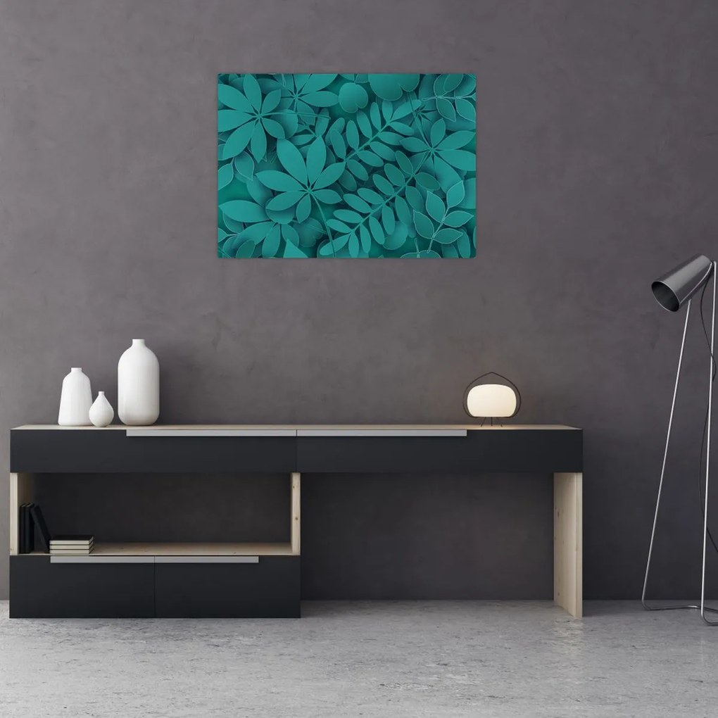 Sklenený obraz - Tyrkysové listy (70x50 cm)
