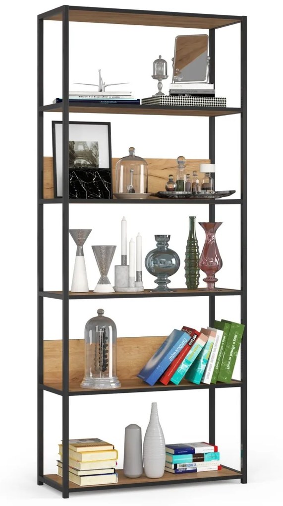 Knižnica Loft s kovovým rámom 80 cm čierna/dub craft