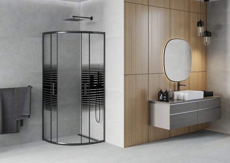 Mexen Rio, štvrťkruhový sprchovací kút s posuvnými dverami 70(dvere) x 70(dvere) x 190 cm, 6mm číre sklo s pásikmi, čierny profil, 863-070-070-70-20