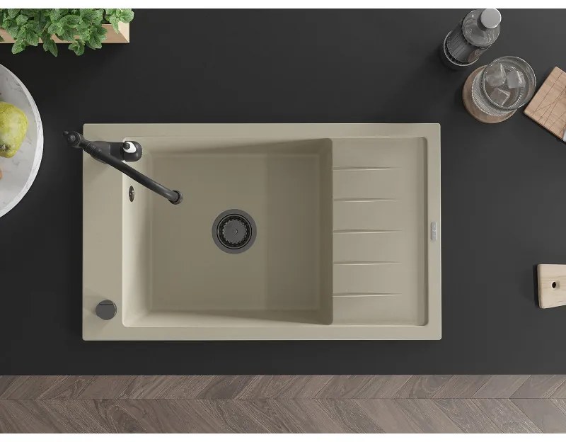 Mexen Elias, granitový drez 795x480x200 mm, 1-komorový a drezová batéria Carla, béžová, 6511-69-670700-70
