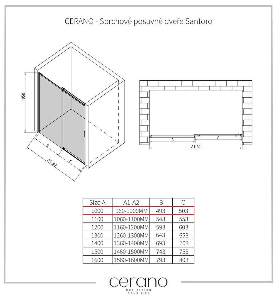 CERANO - Sprchové posuvné dvere Santoro Ľ/P - 8 mm - chróm, transparentné sklo - 100x195 cm, CER-CER-8050BD6956