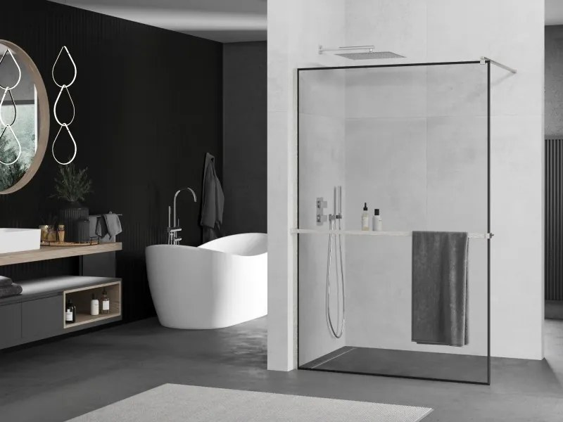 Mexen Kioto+, sprchová zástena Walk-In s poličkou a vešiakom 80 x 200 cm, 8mm číre sklo čierny vzor, brúsená oceľ profil, 800-080-121-97-70