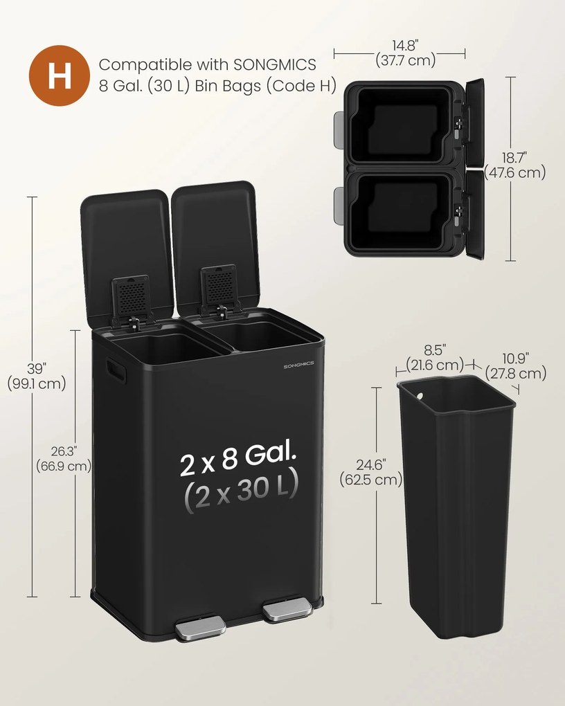 SONGMICS 60L Kuchynský kôš (2x30L), mäkké zatváranie, čierny