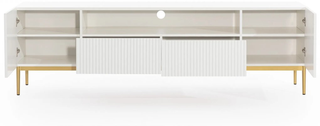 TV stolík Nicole 200 cm s otvorenou policou a zásuvkami - biely mat / zlaté nohy