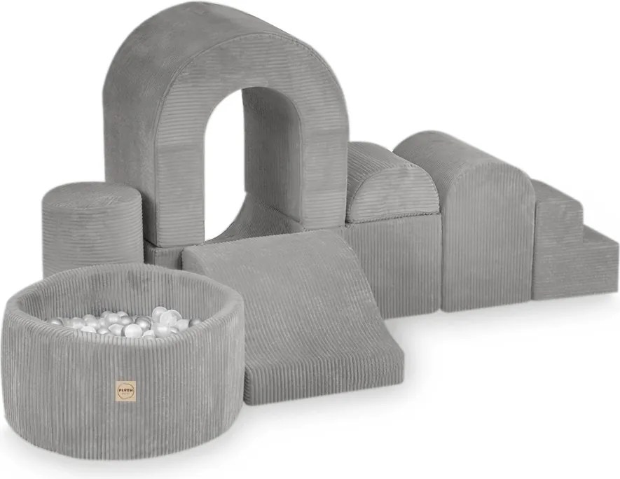 Ihrisko Zámok s bazénikom + 150 loptičiek (perleťové, strieborné), prémiový šedý menčester