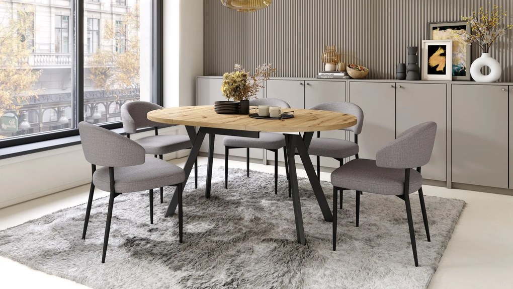 ALMO Dub Artisan/čierne nohy - OKRÚHLY LOFTOVÝ/INDUSTRIÁLNY ROZKLADACÍ STÔL DO OBÝVAČKY/JEDÁLNE