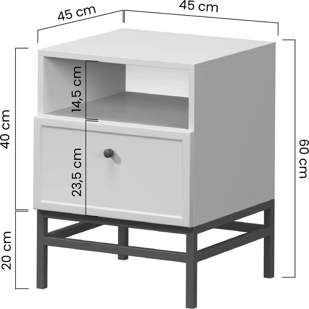 Nočný stolík Lorini so zásuvkou 45 cm - kašmír / čierna T-bar úchytka / kovová podnož