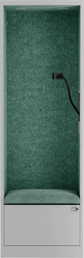 Kancelárska akustická kabína so sedadlom a portom USB-C, telo v sivá farbe / sedadlo v zelenej farbe, 600 mm: SALLY MentalBox