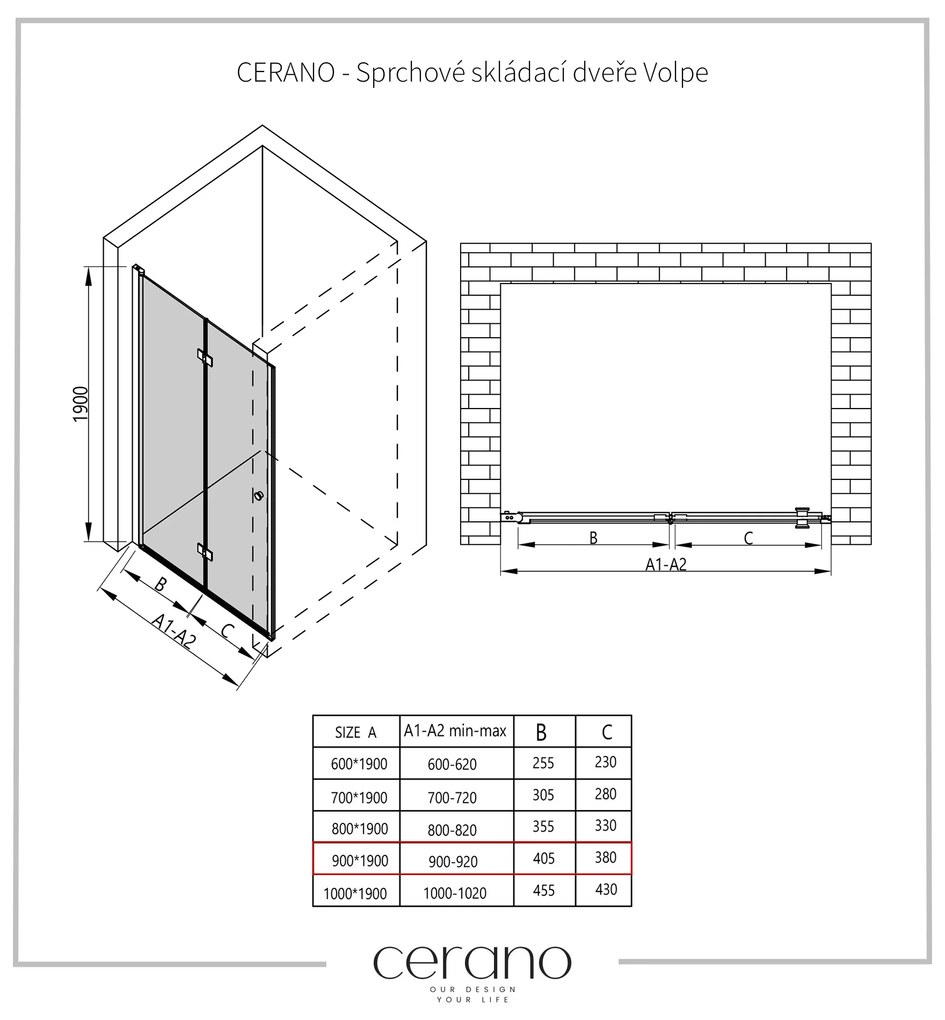 Cerano Volpe, skladacie sprchové dvere 90x190 cm, 6mm číre sklo, chrómový profil, CER-CER-423300