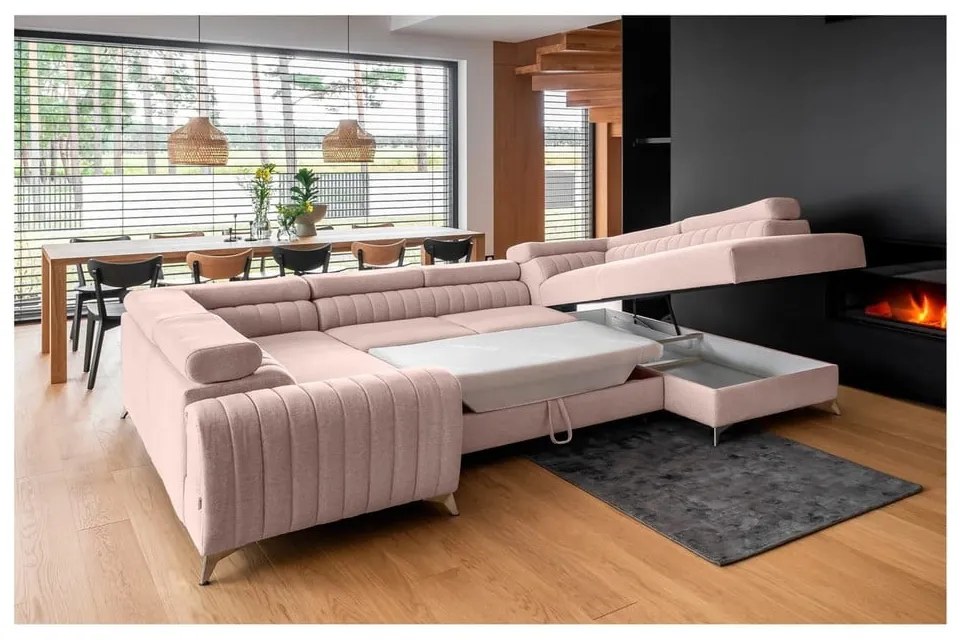 Ružová rozkladacia/s úložným priestorom rohová pohovka (pravý roh/do tvaru "U") Louis – ELTAP