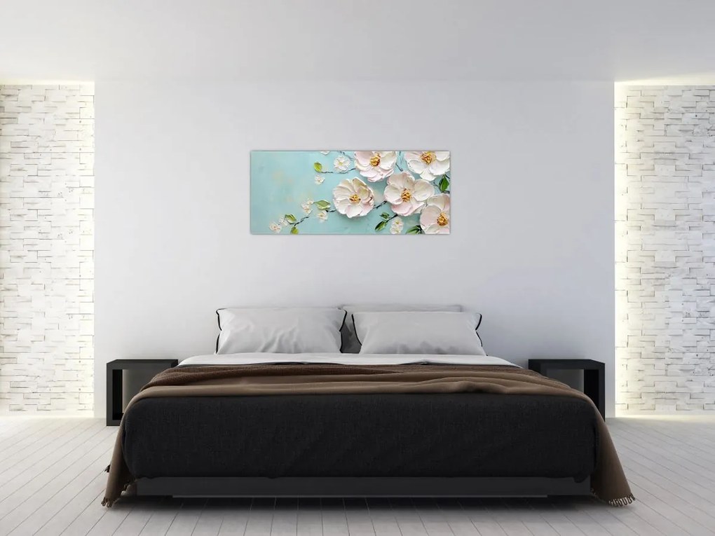 Obraz - Kvietky na modrom pozadí (120x50 cm)