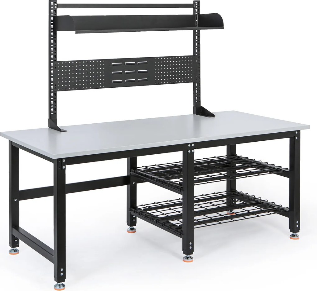 Výškovo nastaviteľný baliaci stôl PROFI, 1800 × 900 × 790–940 mm s nadstavbou a policami