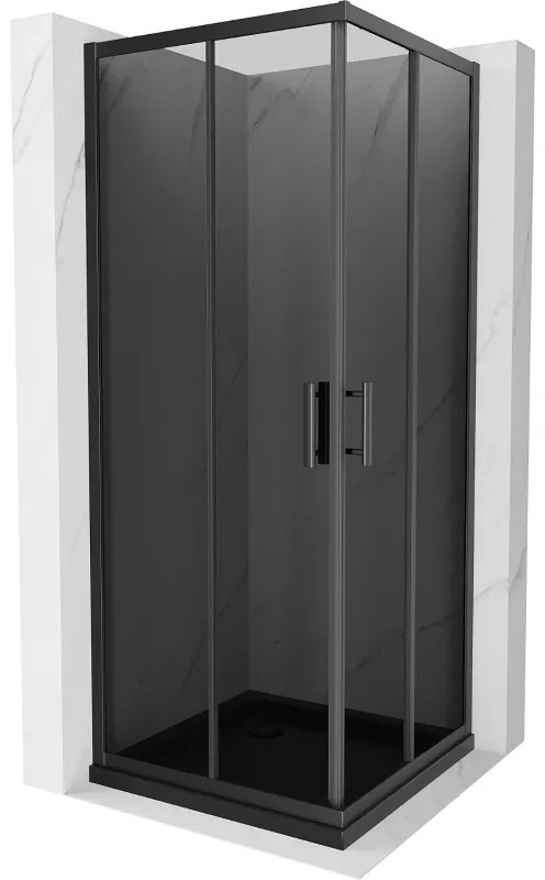 Mexen Rio, štvorcový sprchovací kút s posuvnými dverami 90(dvere) x 90(dvere) x 190 cm, 6mm šedé sklo, čierny profil + čierna sprchová vanička SLIM, 860-090-090-70-40-4070B