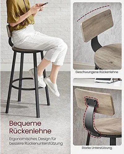 Sada 2 barových stoličiek, s operadlom, oceľovým rámom, greige a čierna farba