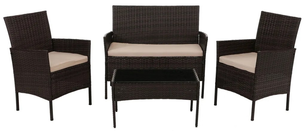 Záhradná súprava 2 kresiel, pohovky a stolíka HWC-N98 - hnedá, vankúš krémová