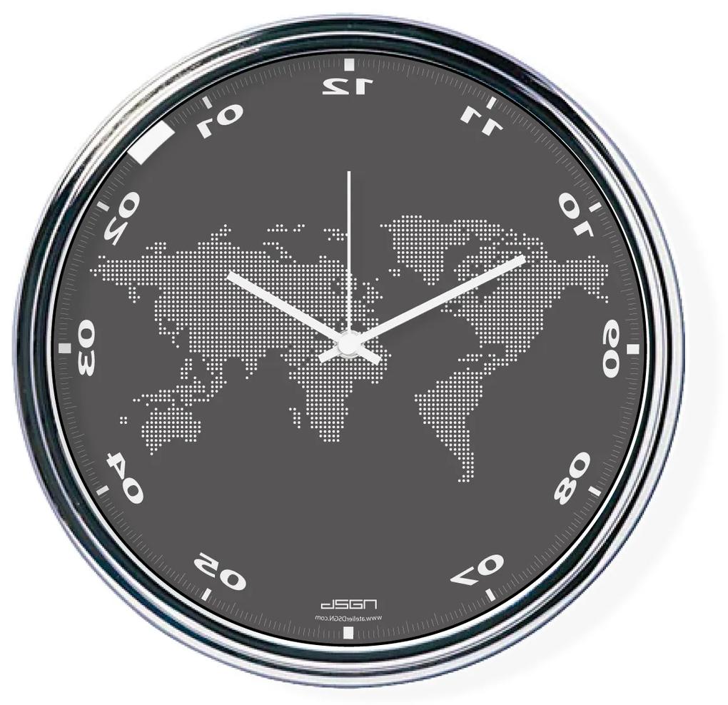 Tmavo šedé zvisle zrkadlené hodiny s mapou