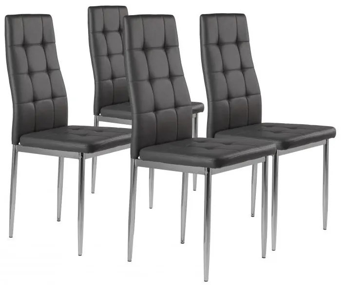 Sada 4 stoličiek do obývačky alebo jedálne, jednoduché prešívané stoličky, chrómové nohy, sivá ekokoža
