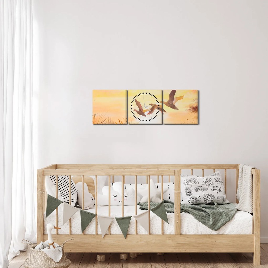 Obraz - Žeriavy pri západe slnka (s hodinami) (90x30 cm)