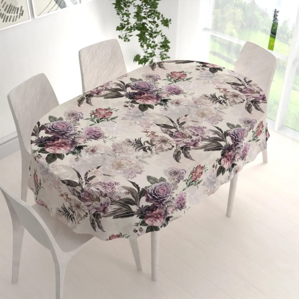 Biante Dekoračný oválny obrus Parma PM-112 Fialové kvety na smotanovom 120x160 cm