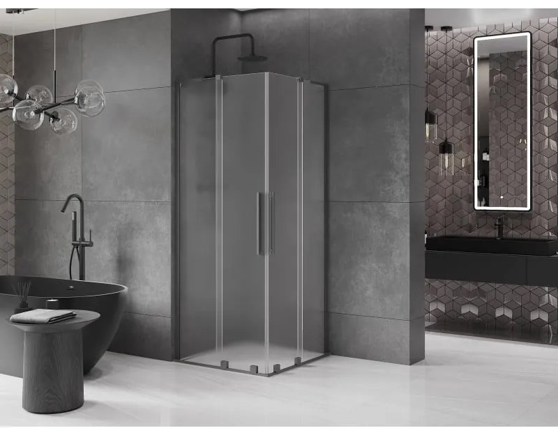 Mexen Velar L Duo, sprchový kút s posuvnými dverami 100 x 100 cm, 8mm sklo námraza, brúsený grafit, 871-100-100-02-33-95