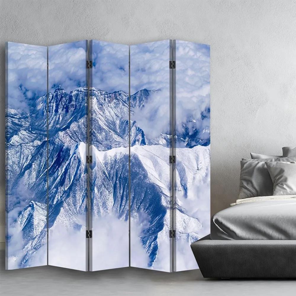 Ozdobný paraván Hory Zimní modrá - 180x170 cm, päťdielny, obojstranný paraván 360°