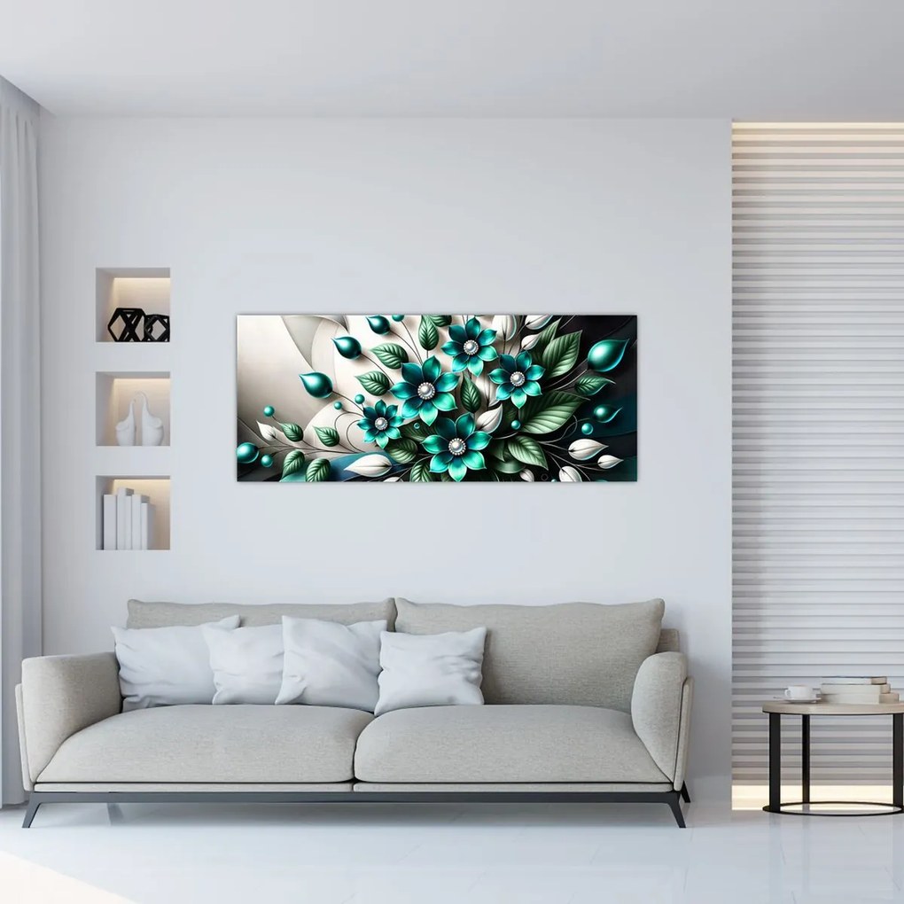 Obraz - 3D tyrkysové kvety (120x50 cm)