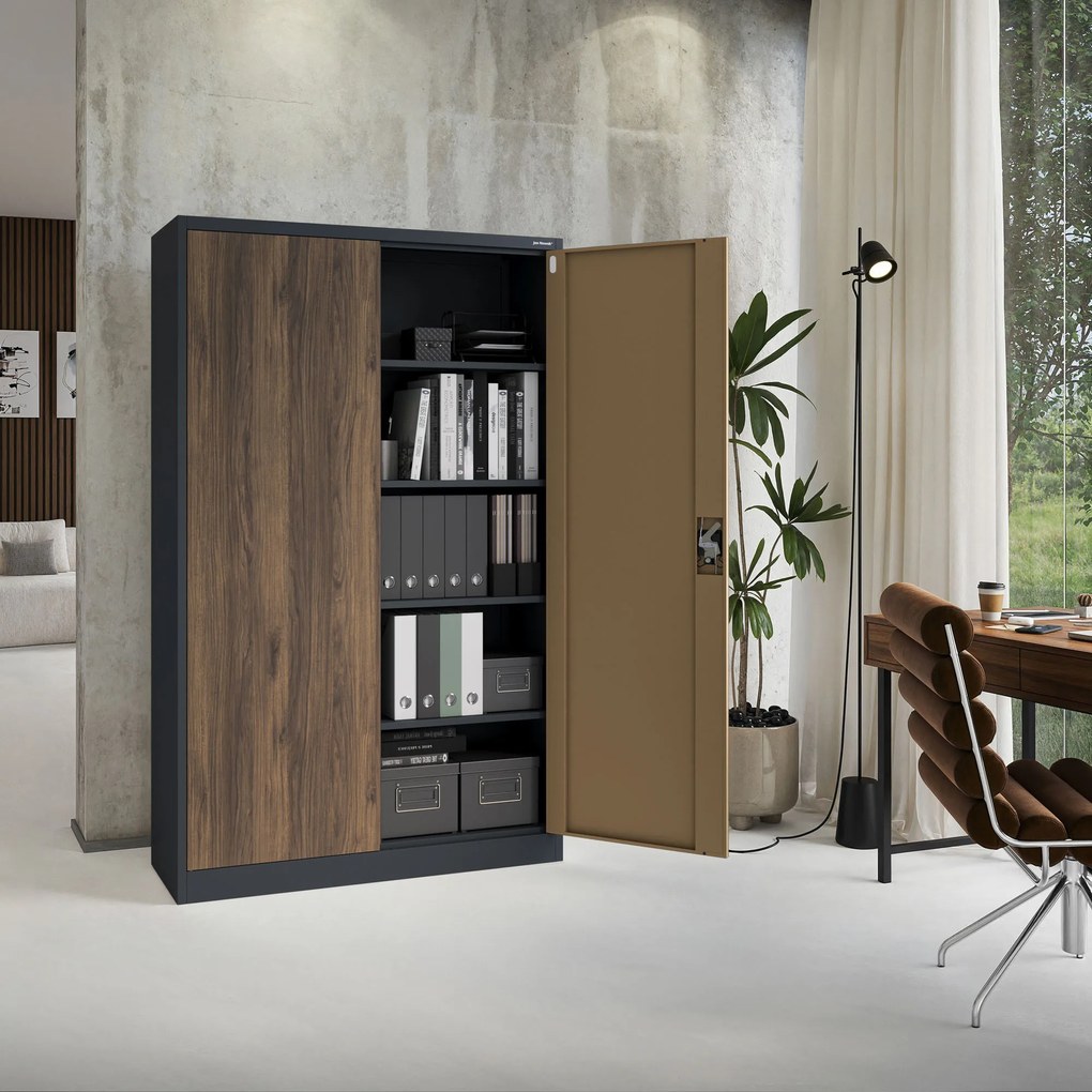 Kancelárska kovová skrinka na dokumenty JAN II, Eco Design: antracit/orech