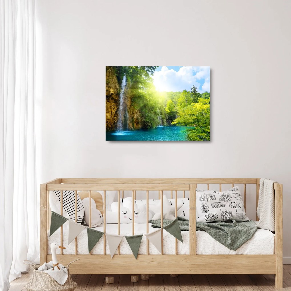 Sklenený obraz - vodopády v pralese (70x50 cm)