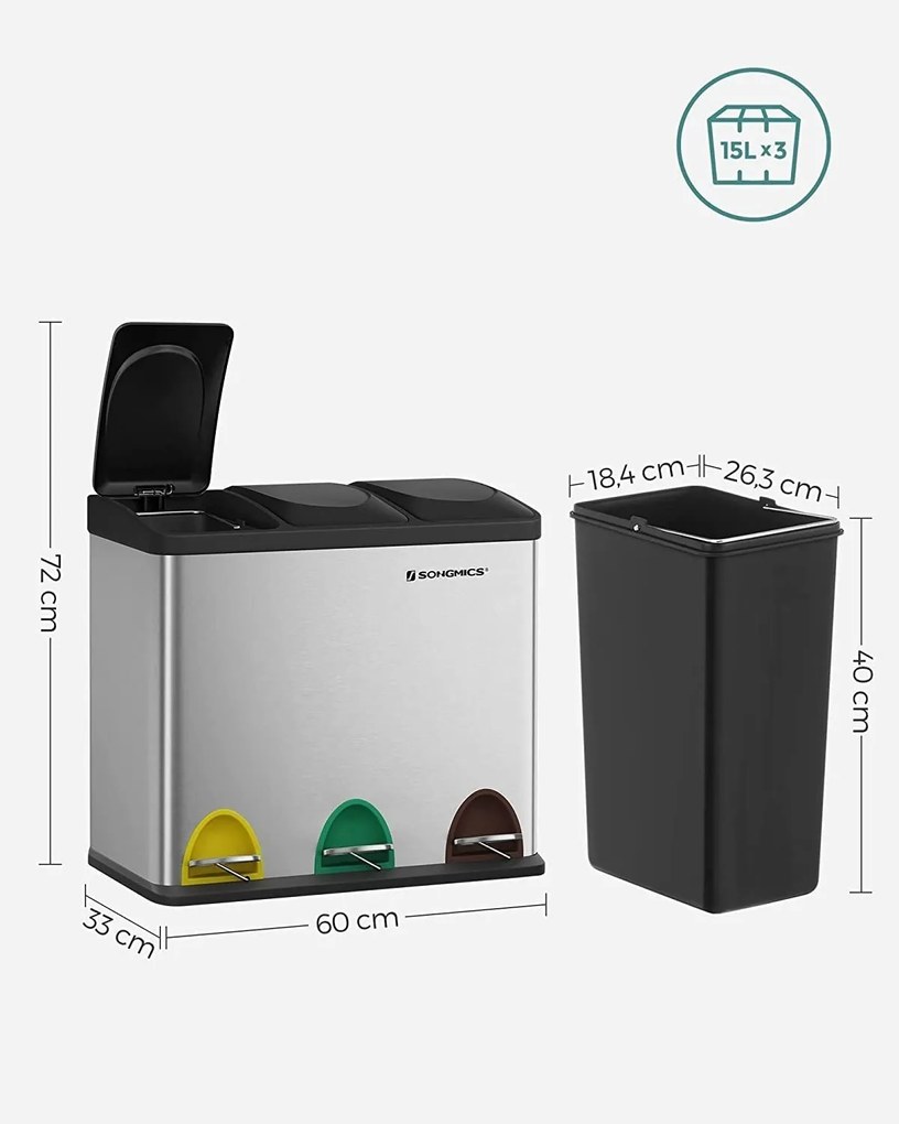 Odpadkový kôš na separovaný odpad 45 litrov (3 x 15 L), nerezový