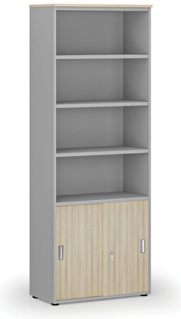 Kombinovaná kancelárska skriňa PRIMO GRAY, zasúvacie dvere na 2 poschodia, 800 x 420 x 2128 mm, sivá/dub prírodný